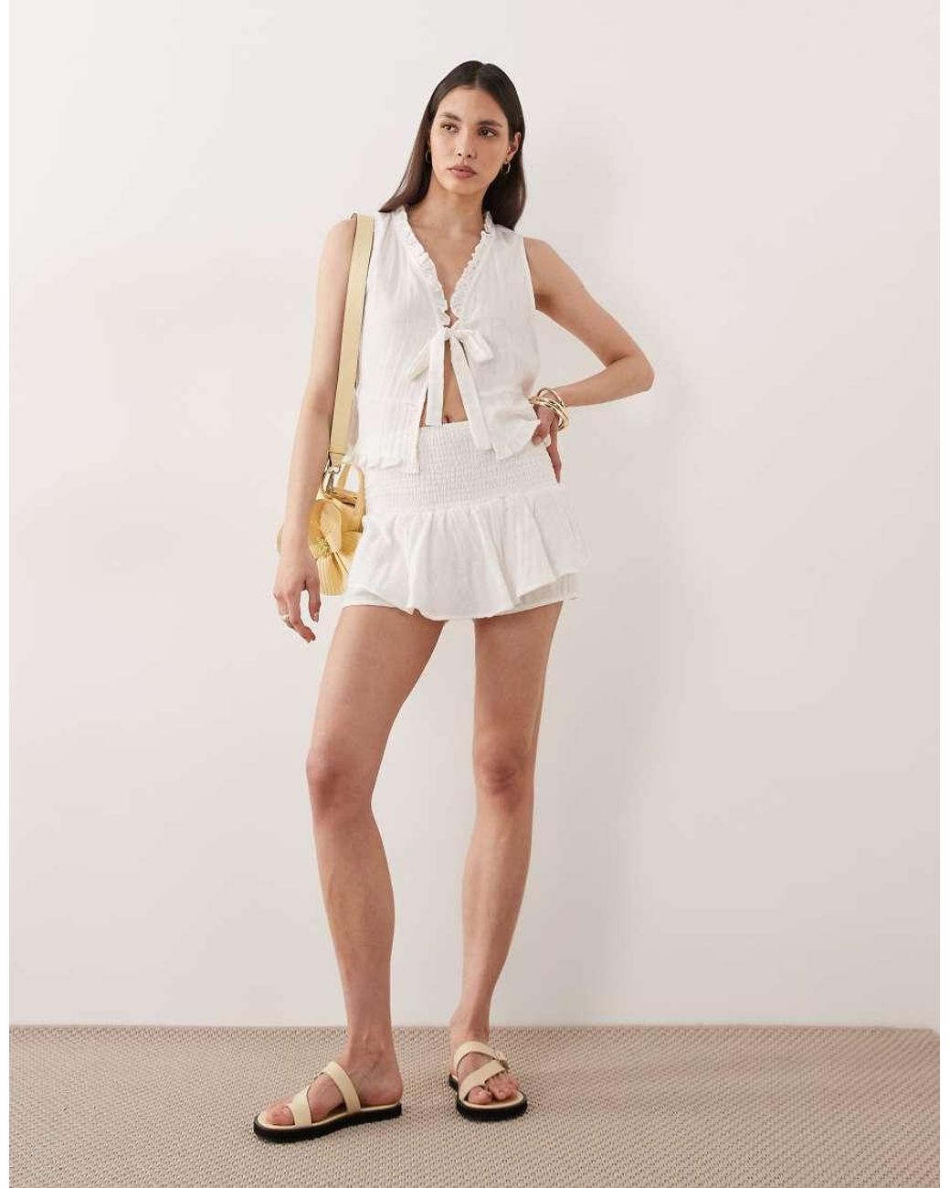 esmé studios White Esmee Tie Front Beach Crop Top With Ruffle Trim