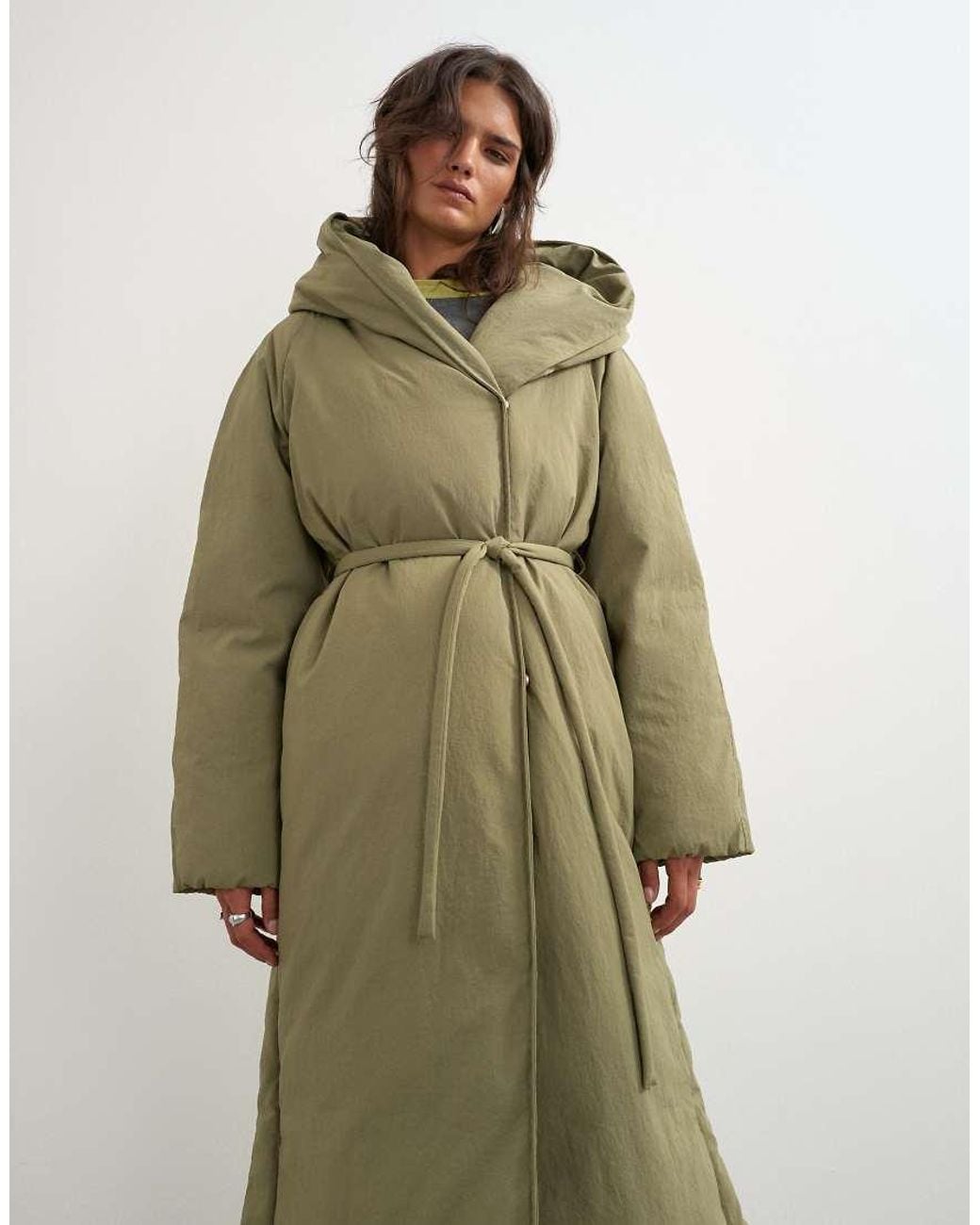 TOPSHOP Green Longline Hooded Puffer Jacket