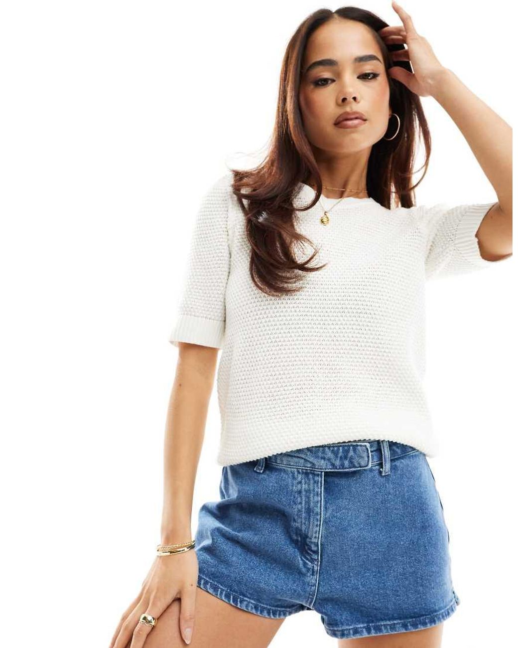 Vila White Textured Cotton Knit Top