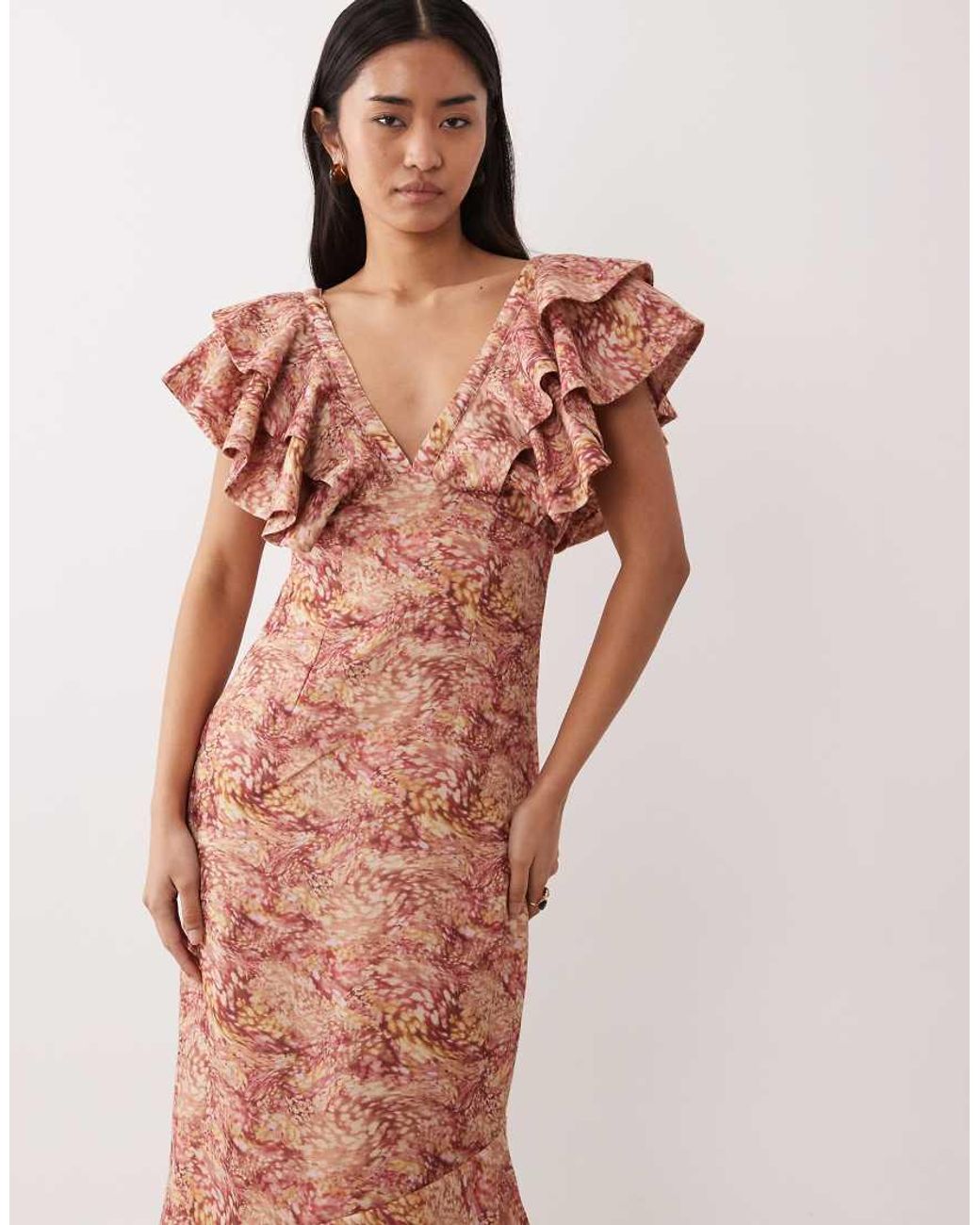 Pretty Lavish Pink Linen Blend Ruffle V-neck Maxi Dress