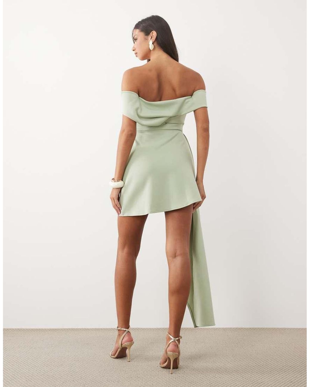 ASOS Green Drape Bardot Mini Dress With Asymmetric Skirt