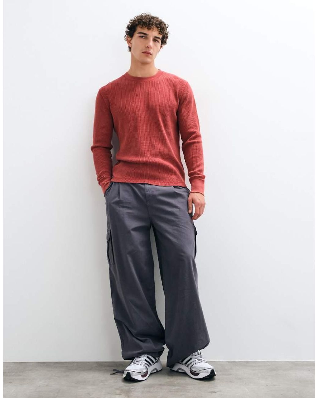 Hollister Red Waffle Long Sleeve Crew Neck Top for men