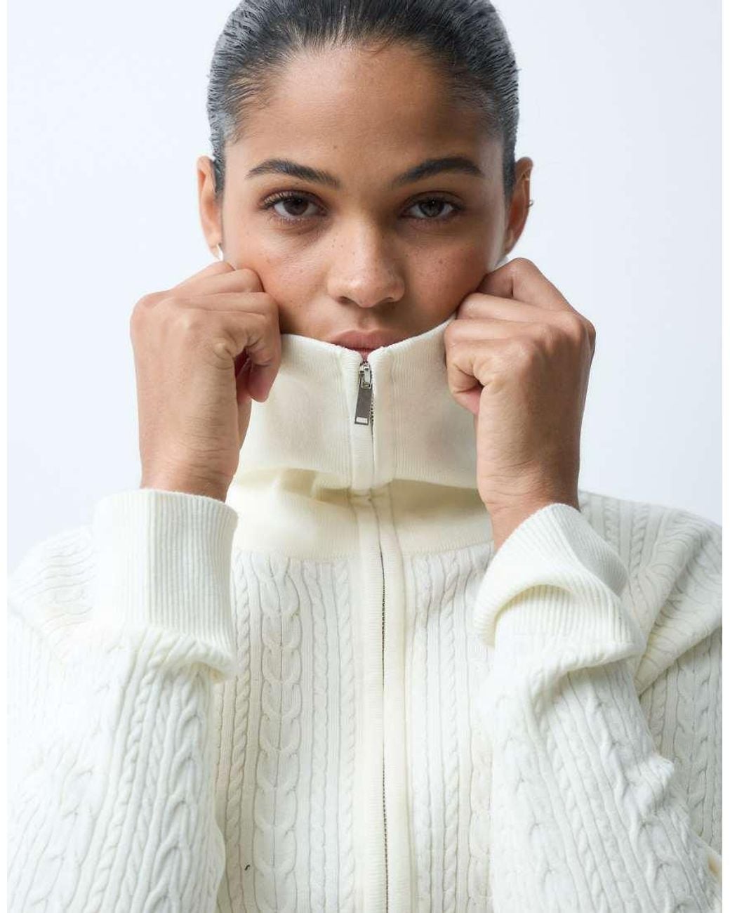 Miss Selfridge Gray Cable Knit Zip Through Long Sleeve Top