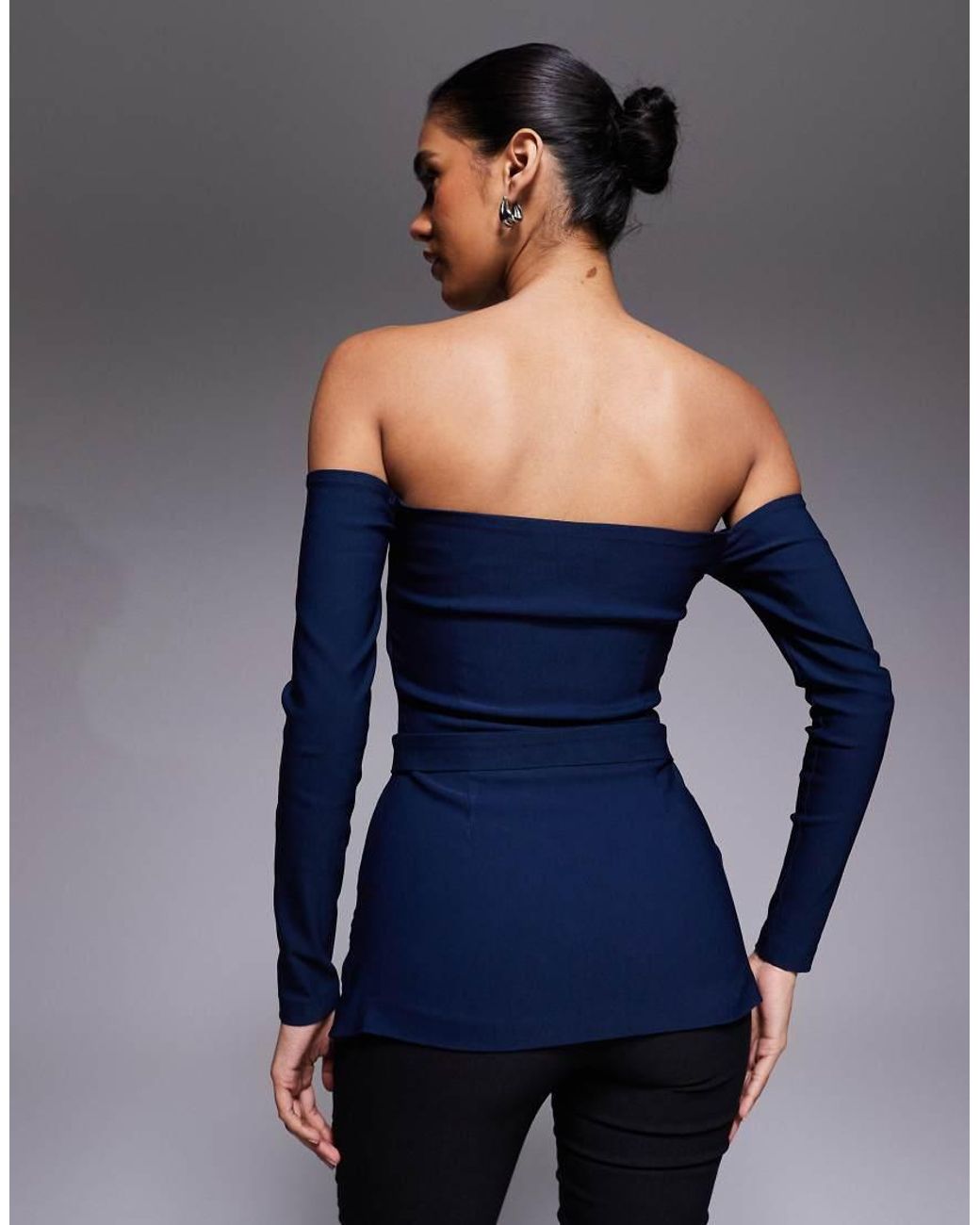 Vesper Blue Bardot Long Sleeve Top With Belt