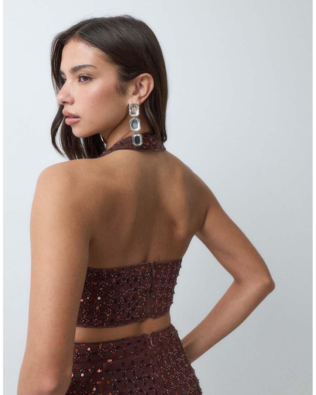 TFNC London Brown Premium Sequins Plunge Halter Neck Embellished Top Co-ord