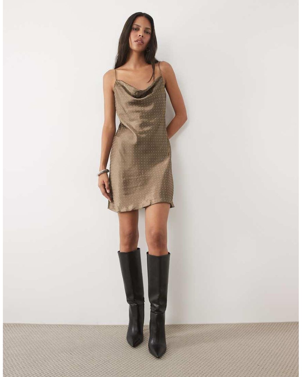 New Look Brown Hotfix Cowl Neck Mini Dress