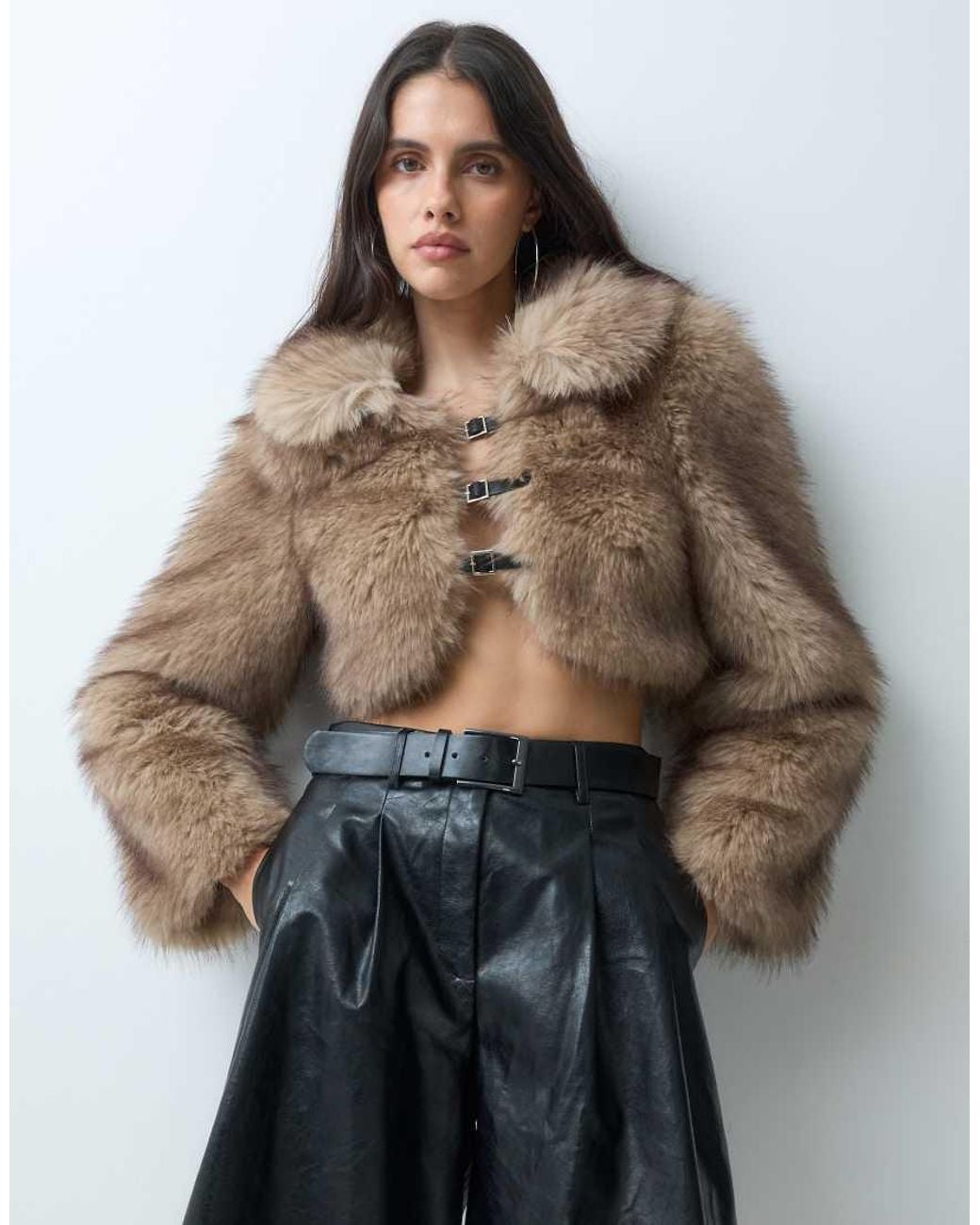 I.AM.GIA Brown Ash Oversized Buckle Detail Cropped Faux Fur Jacket