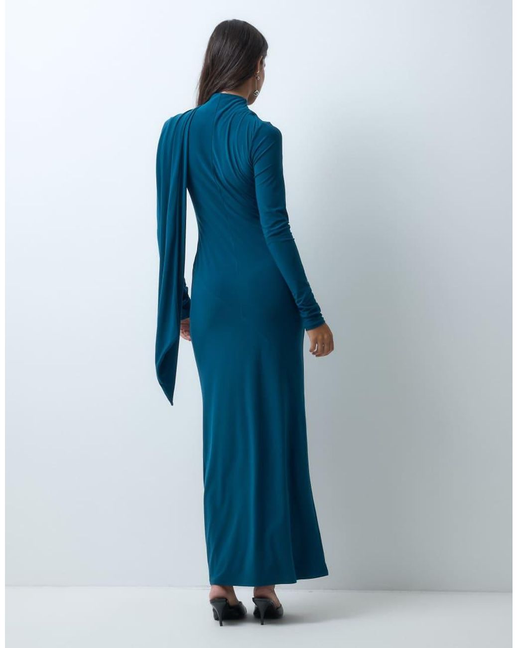 ASOS Blue Slinky Long Sleeve High Neck Scarf Detail Maxi Dress