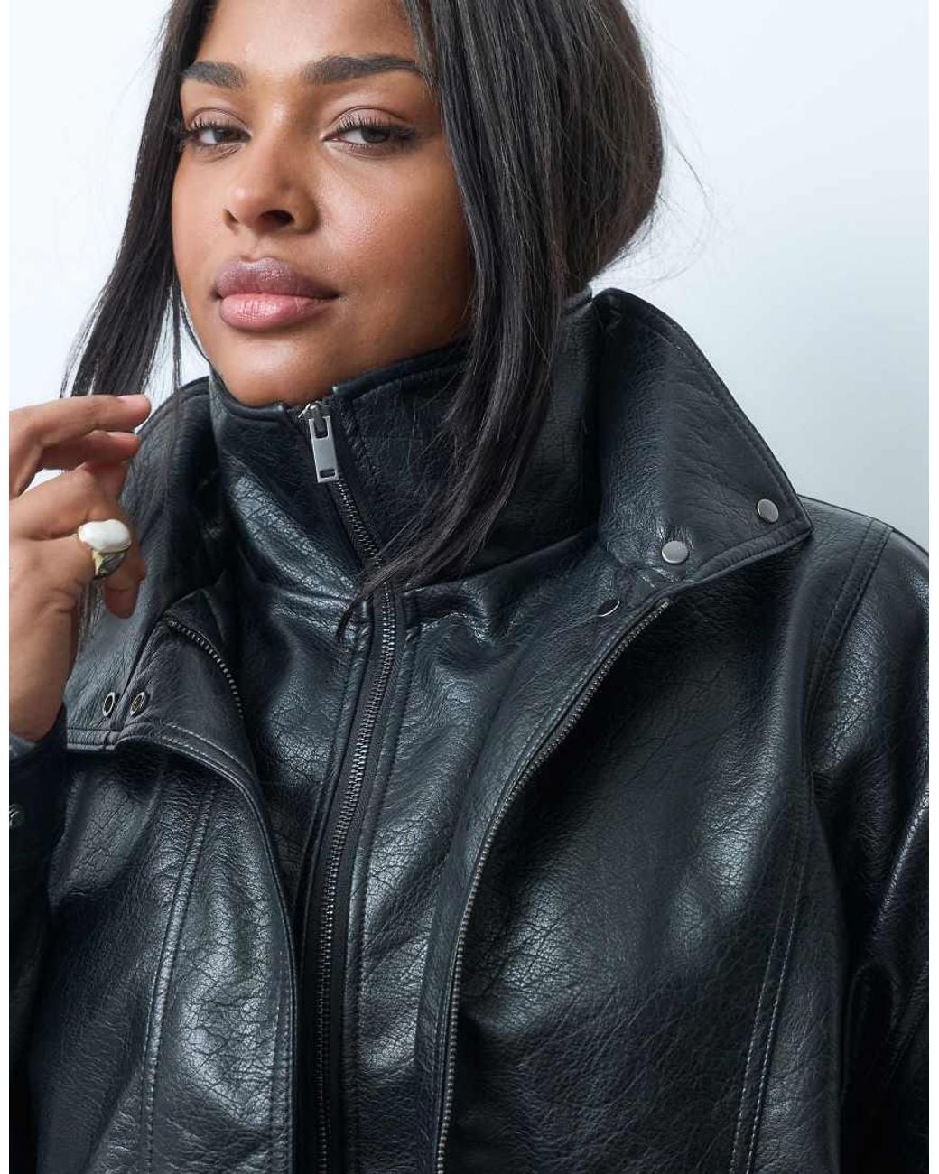 ASOS Blue Asos Design Curve Funnel Oversized Leather Look Bomber