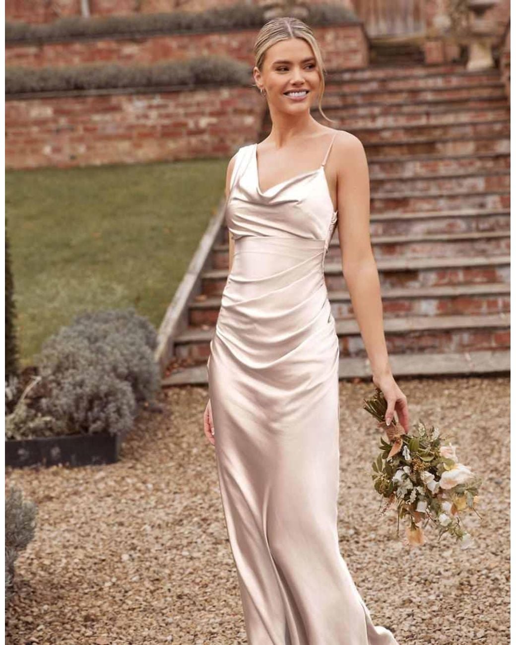 Six Stories Brown Cowl Asymmetrical Satin Bridesmaid Dress