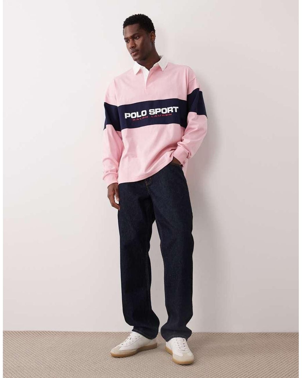 Polo Ralph Lauren Pink Sport Chest Panel Flag Logo Oversized Fit Rugby Polo for men