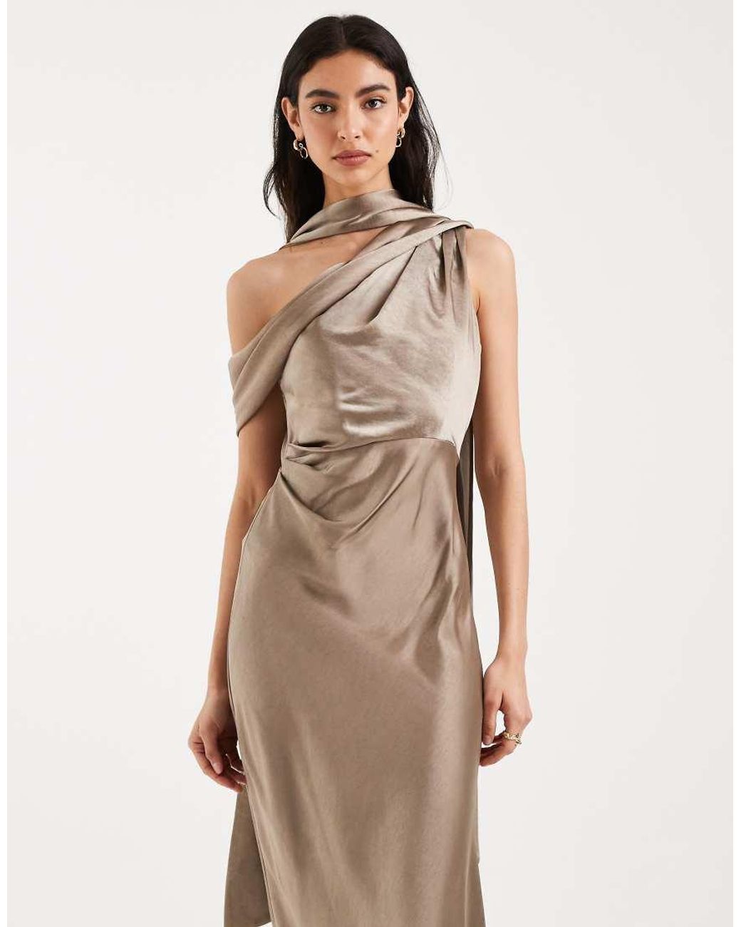 Six Stories Natural Bridesmaids Satin Scarf Detail One Shoulder Maxi Dress
