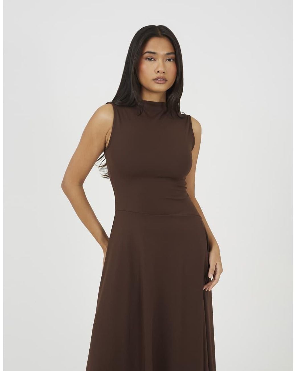 Brave Soul Brown Jersey High Neck Asymetric Hem Maxi Dress