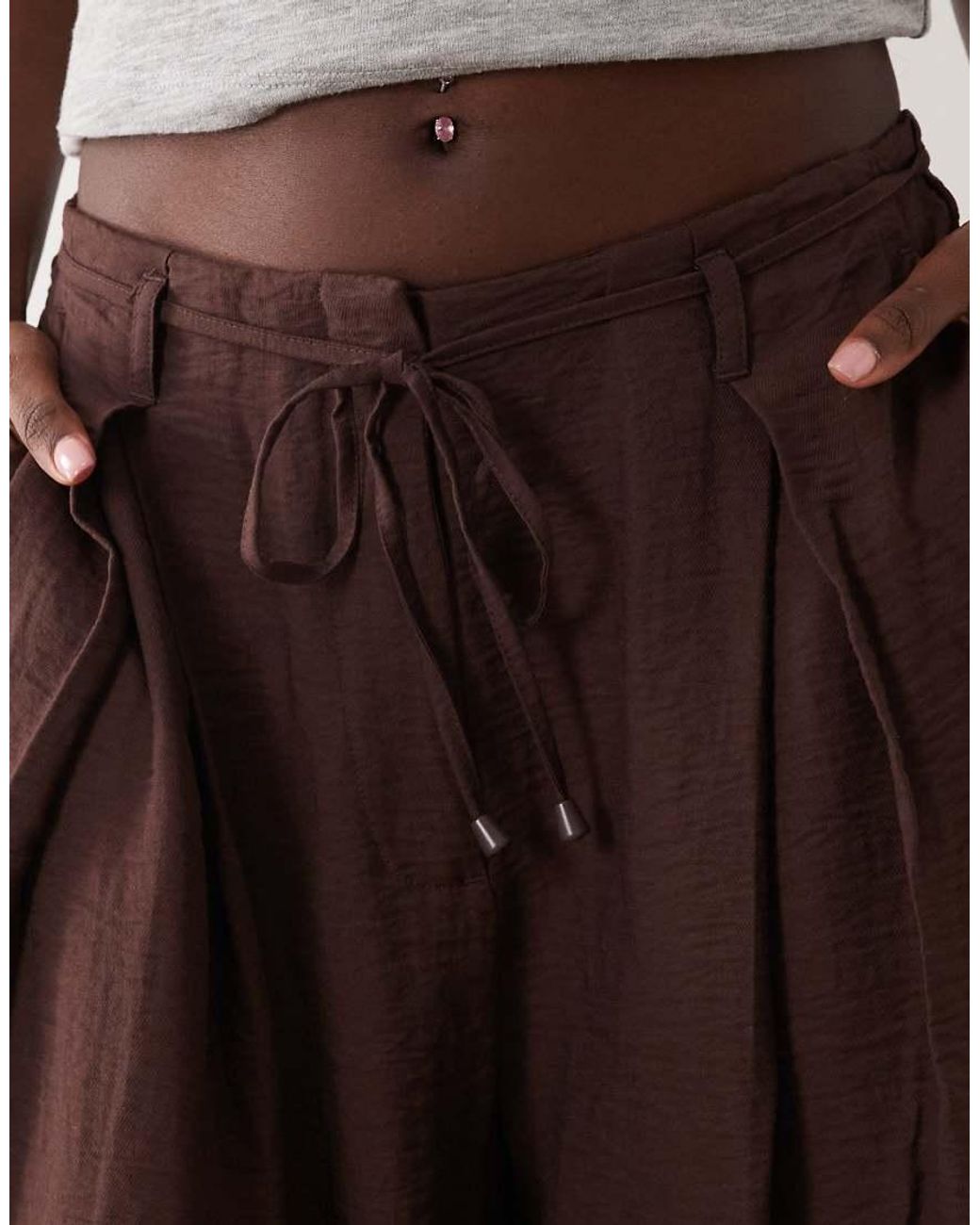 ASOS Brown Textured Wide Leg Trousers With Tie Waist