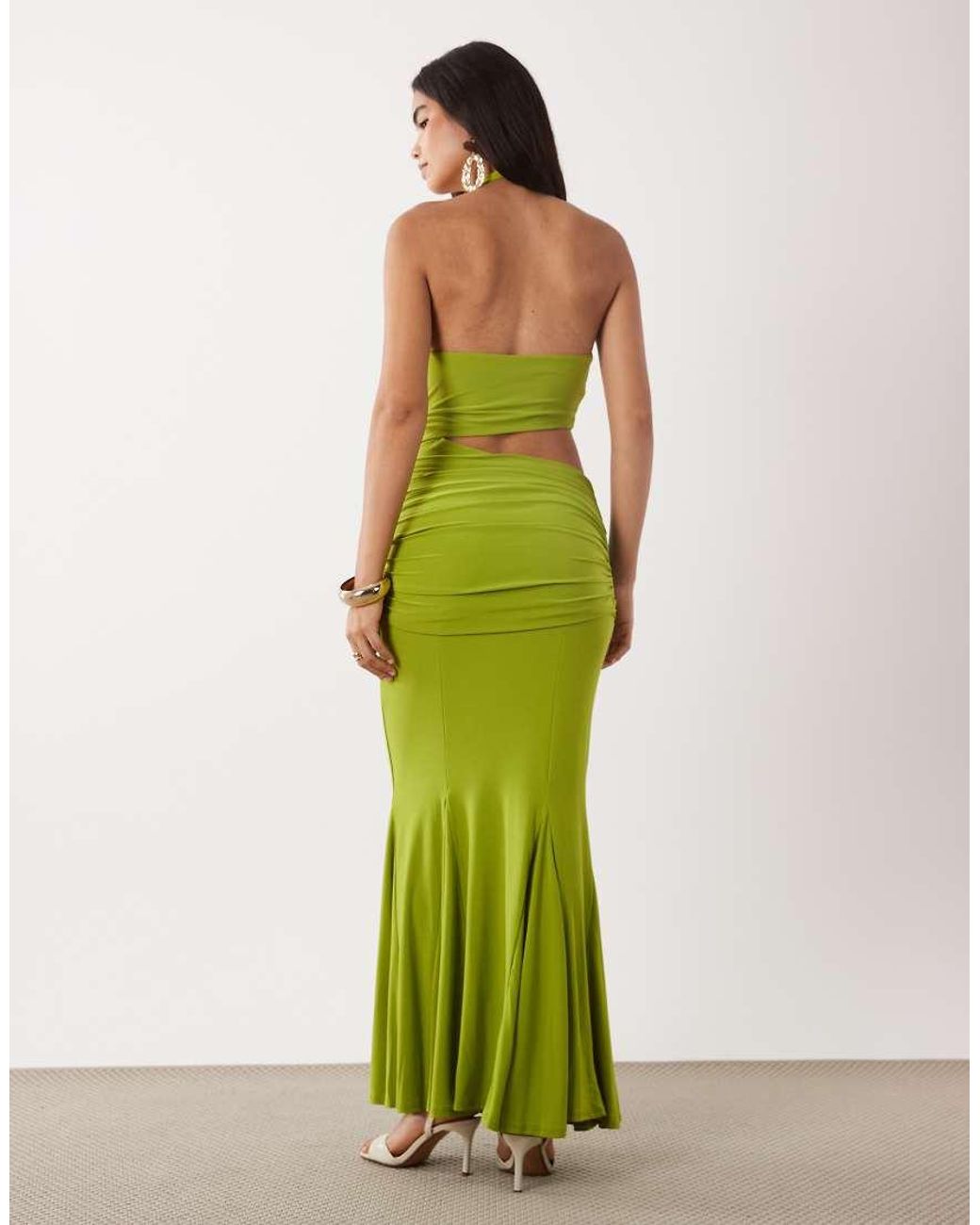 ASOS Green Slinky Halter Neck Gathered Maxi Dress