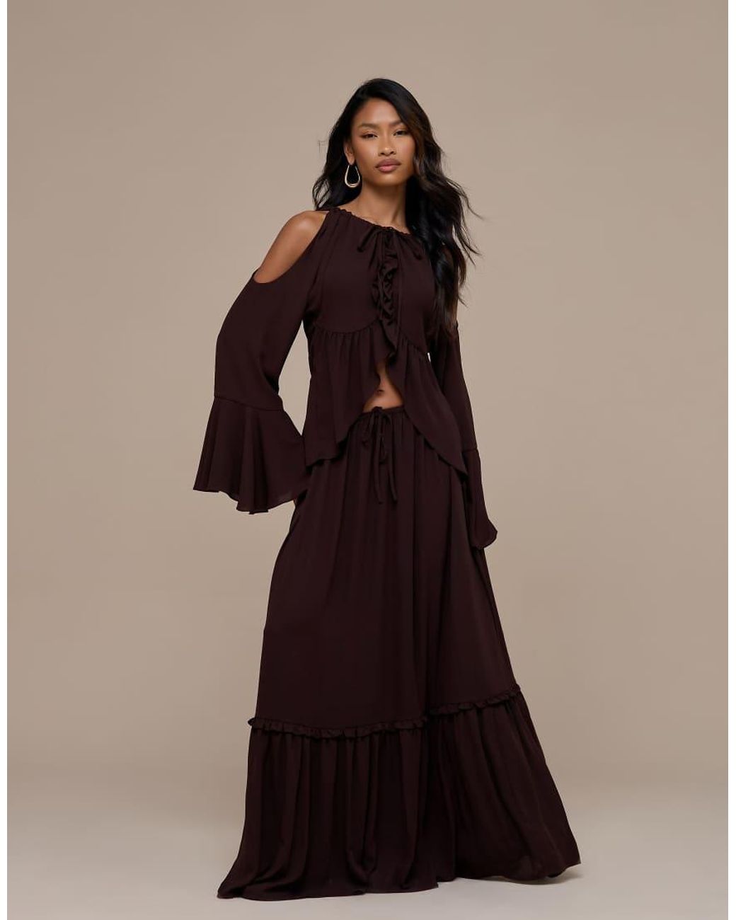 Wanderdoll Brown Meadow Tiered Maxi Skirt Co-ord