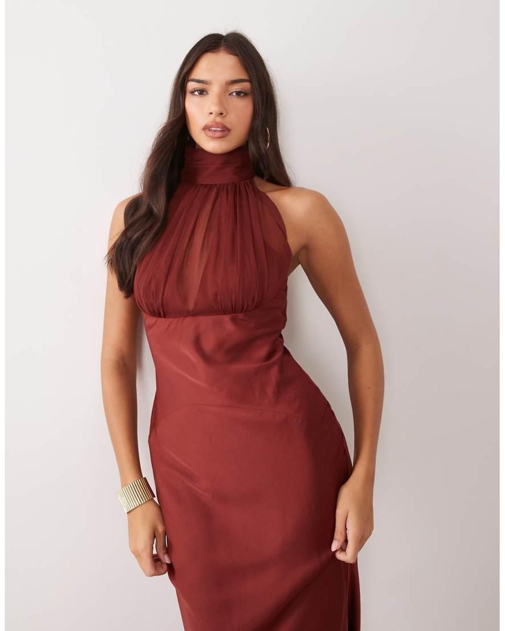 ASOS Red High Neck Satin Maxi Dress With Ruched Chiffon Detail
