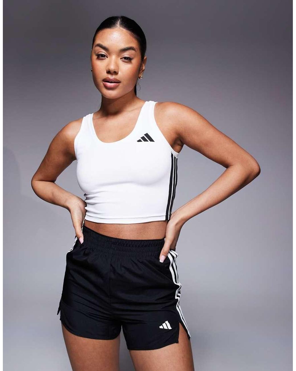 Adidas Originals Gray Adidas Training 3 Stripe Cropped Tank Top