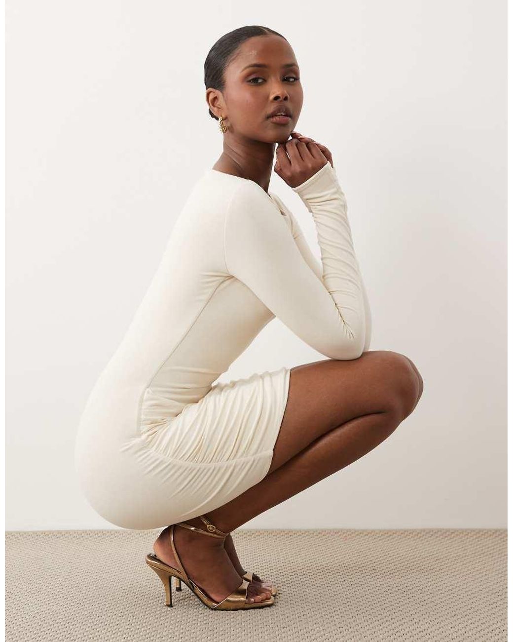 Oh Polly Natural Modal Boat Neck Long Sleeve Draped Waist Detail Mini