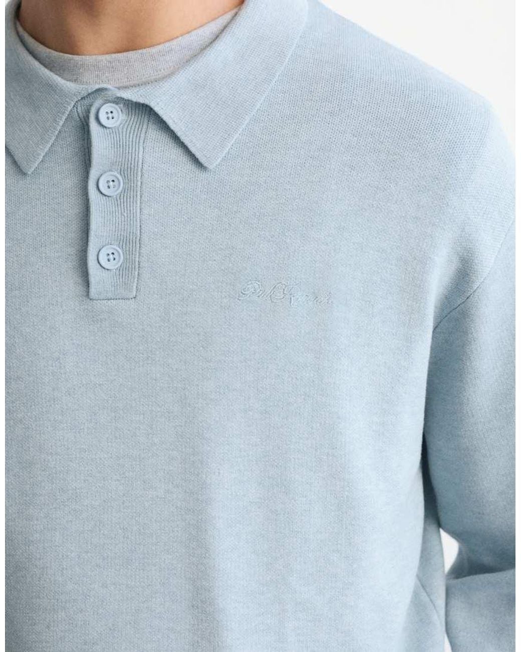 Pull&Bear Blue Long Sleeve Knit Polo Shirt for men