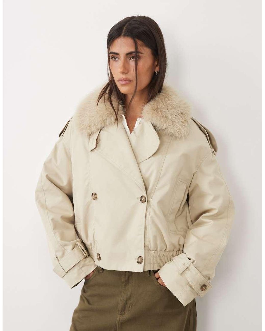 Gina Tricot Natural Short Faux Fur Collar Jacket