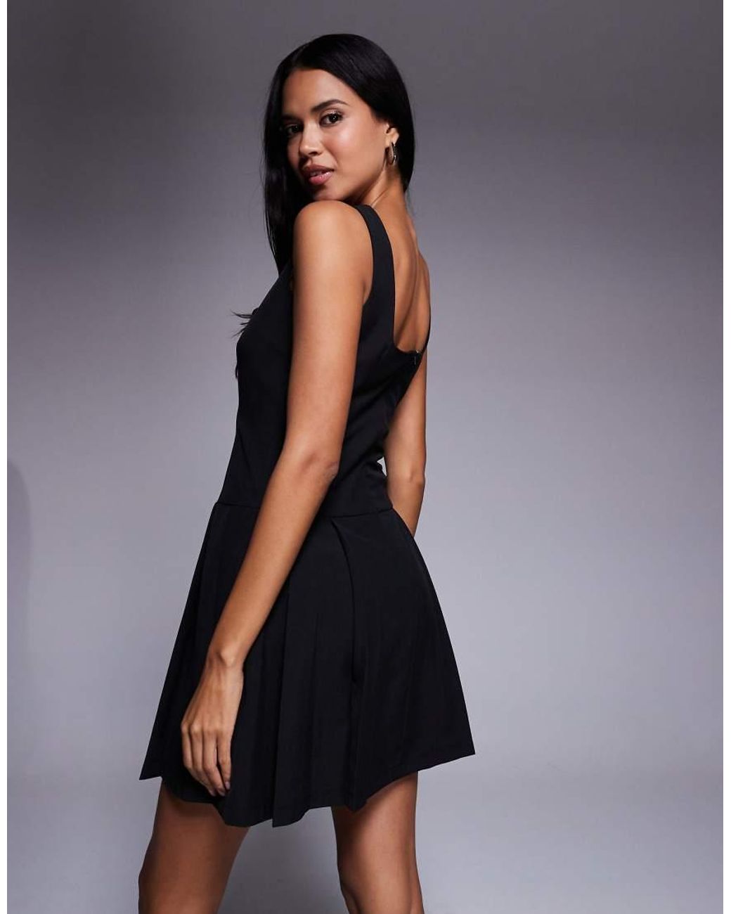 Brave Soul Black Square Neck Pleated Mini Dress With Bow Detail