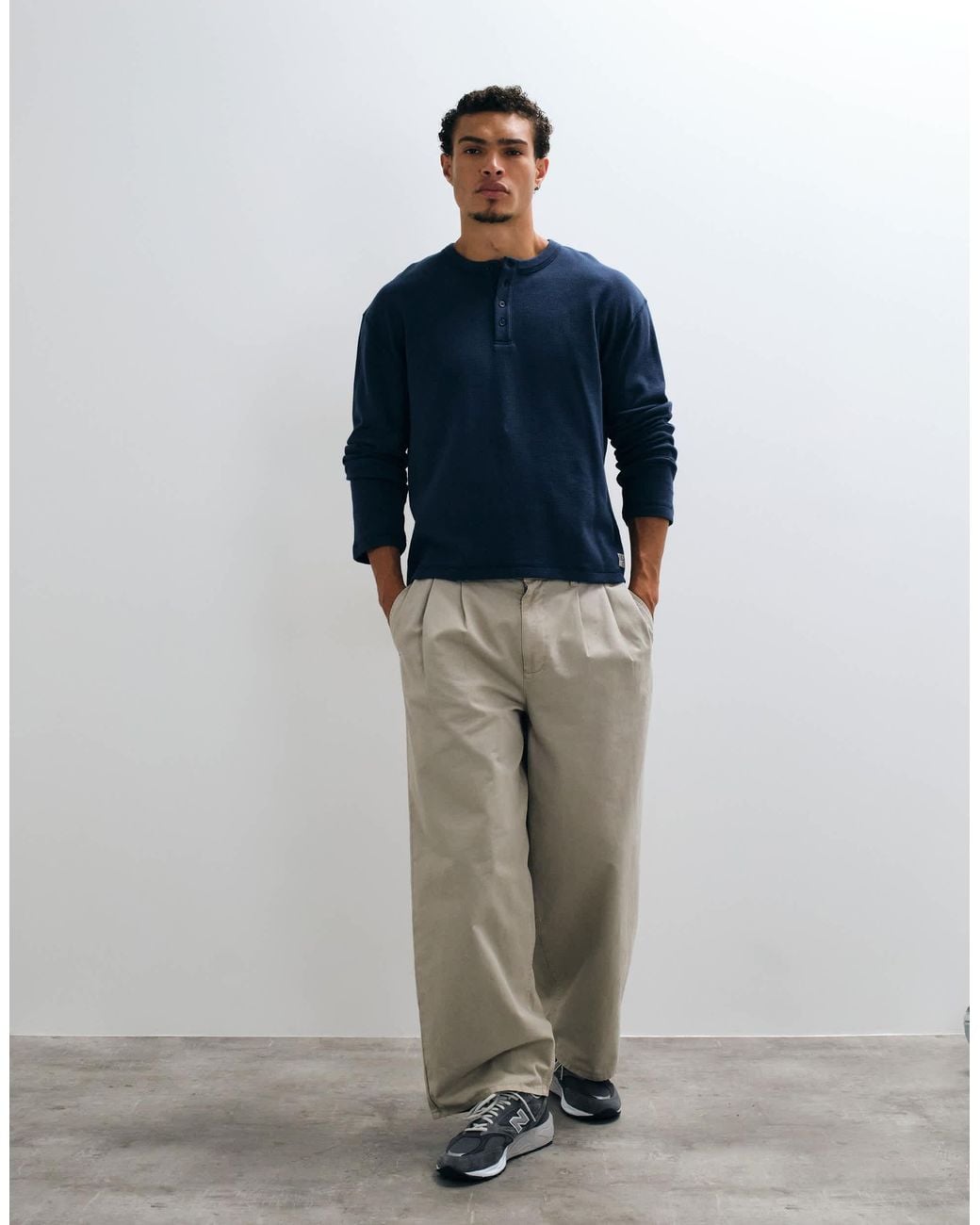 Collusion Blue Long Sleeve Button Down Henley for men