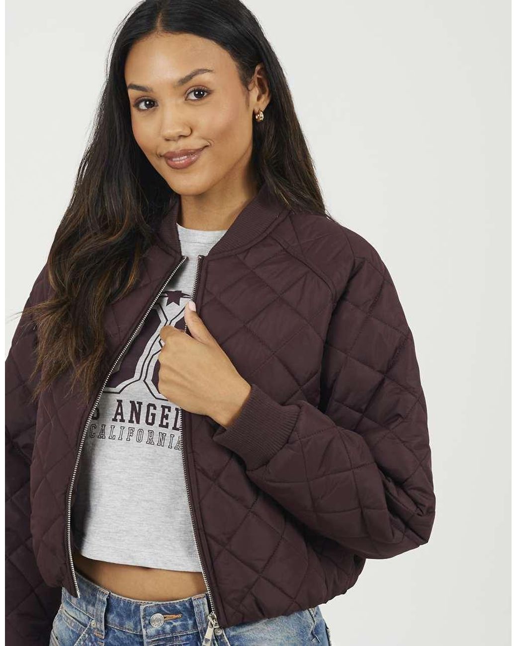 Brave Soul Blue Diamond Quilted Bomber Jacket