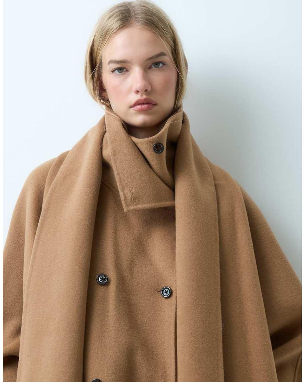 Mango Natural Wool Mix Scarf Detail Long Tailored Coat