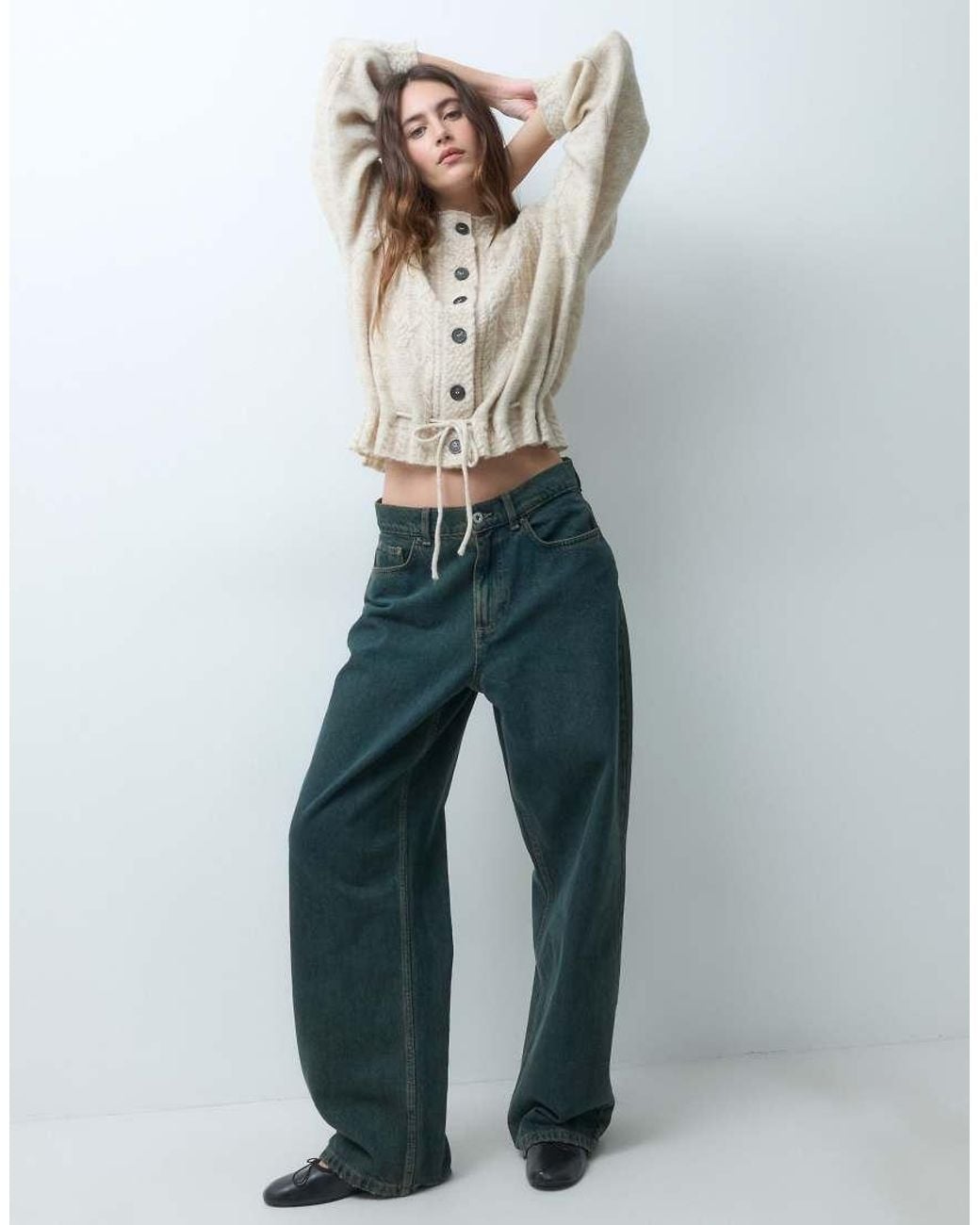 Object Natural Balloon Sleeve Textured Cardigan