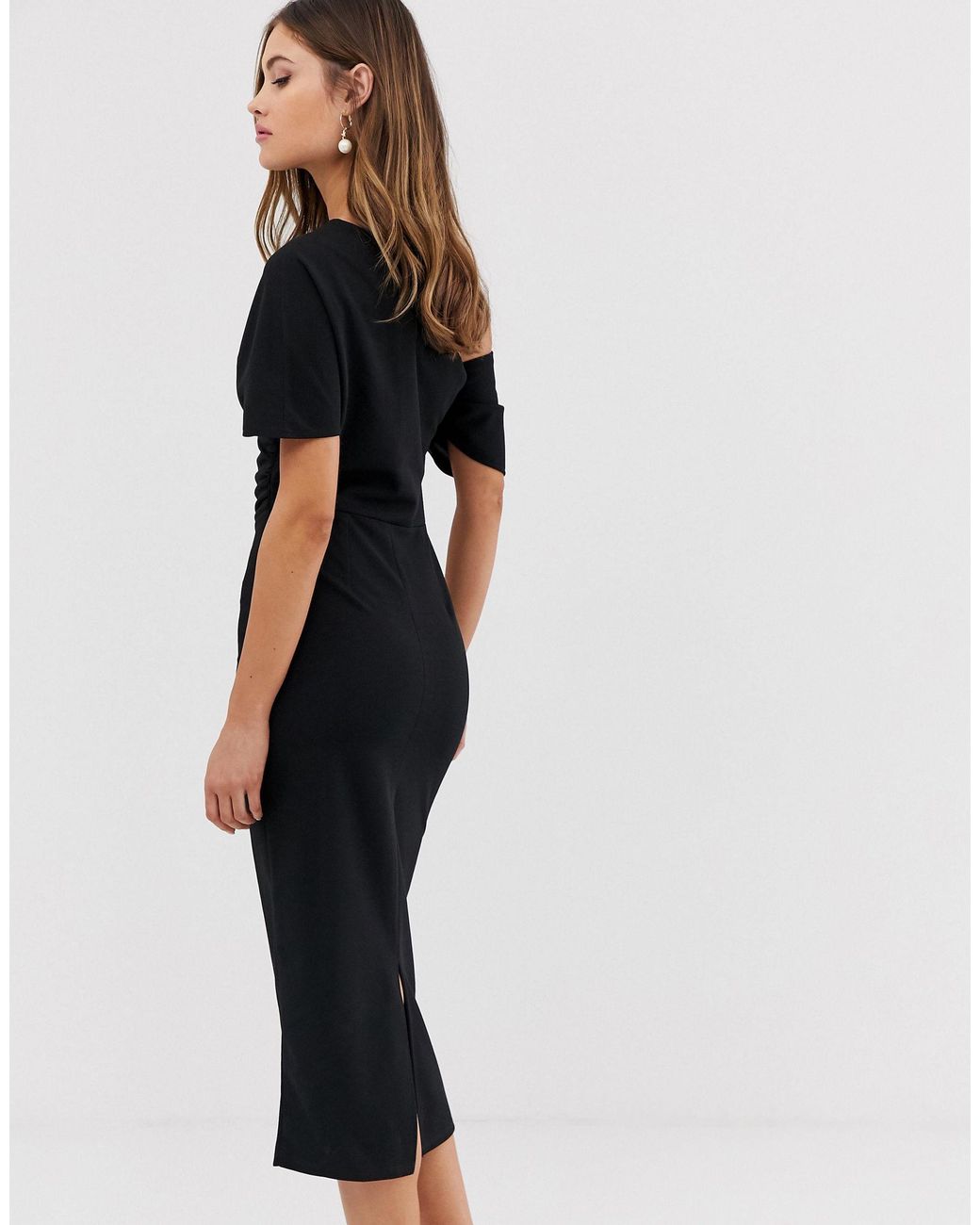 pleated shoulder pencil dress