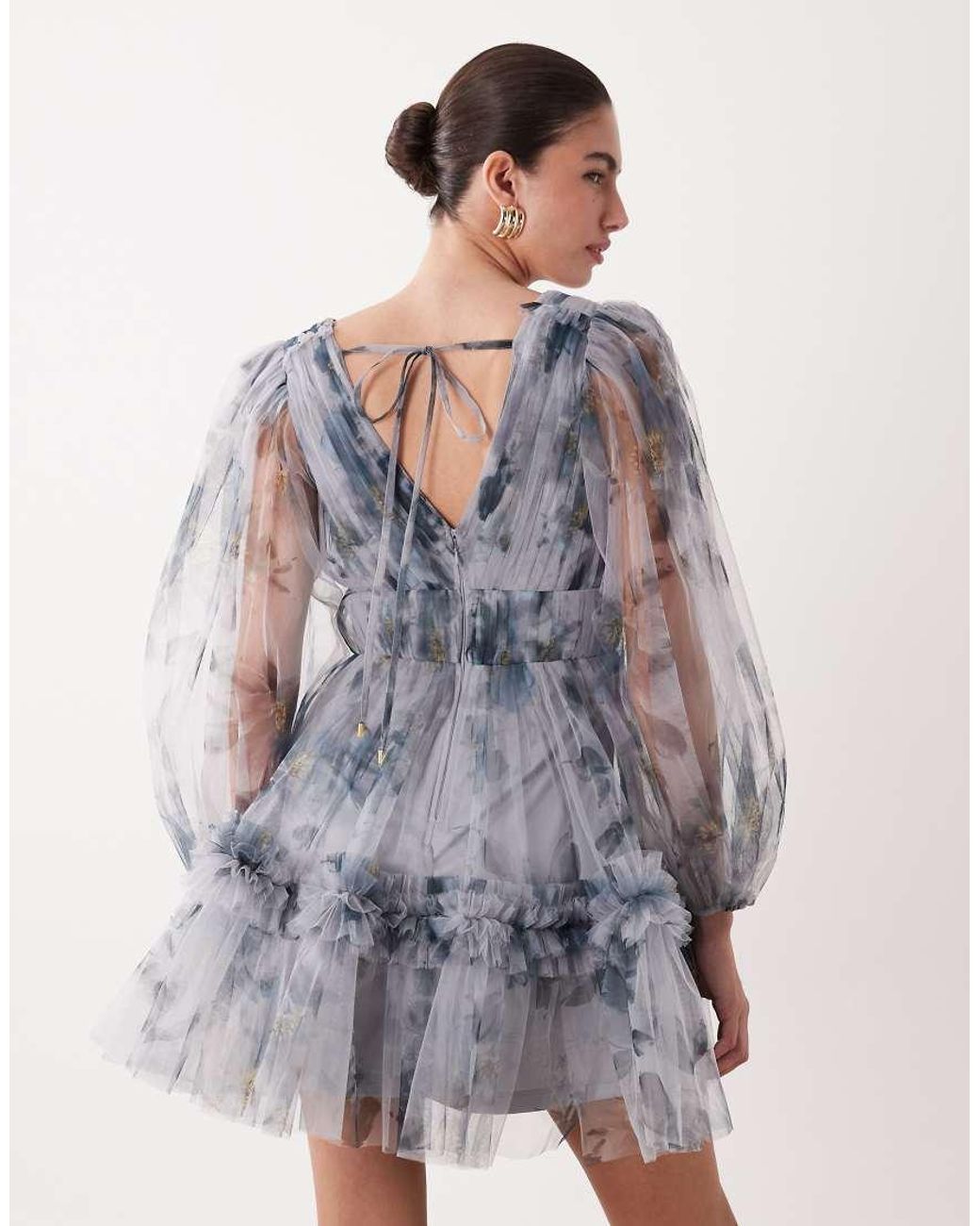 LACE & BEADS Gray V-neck Ruffle Skirted Mini Dress