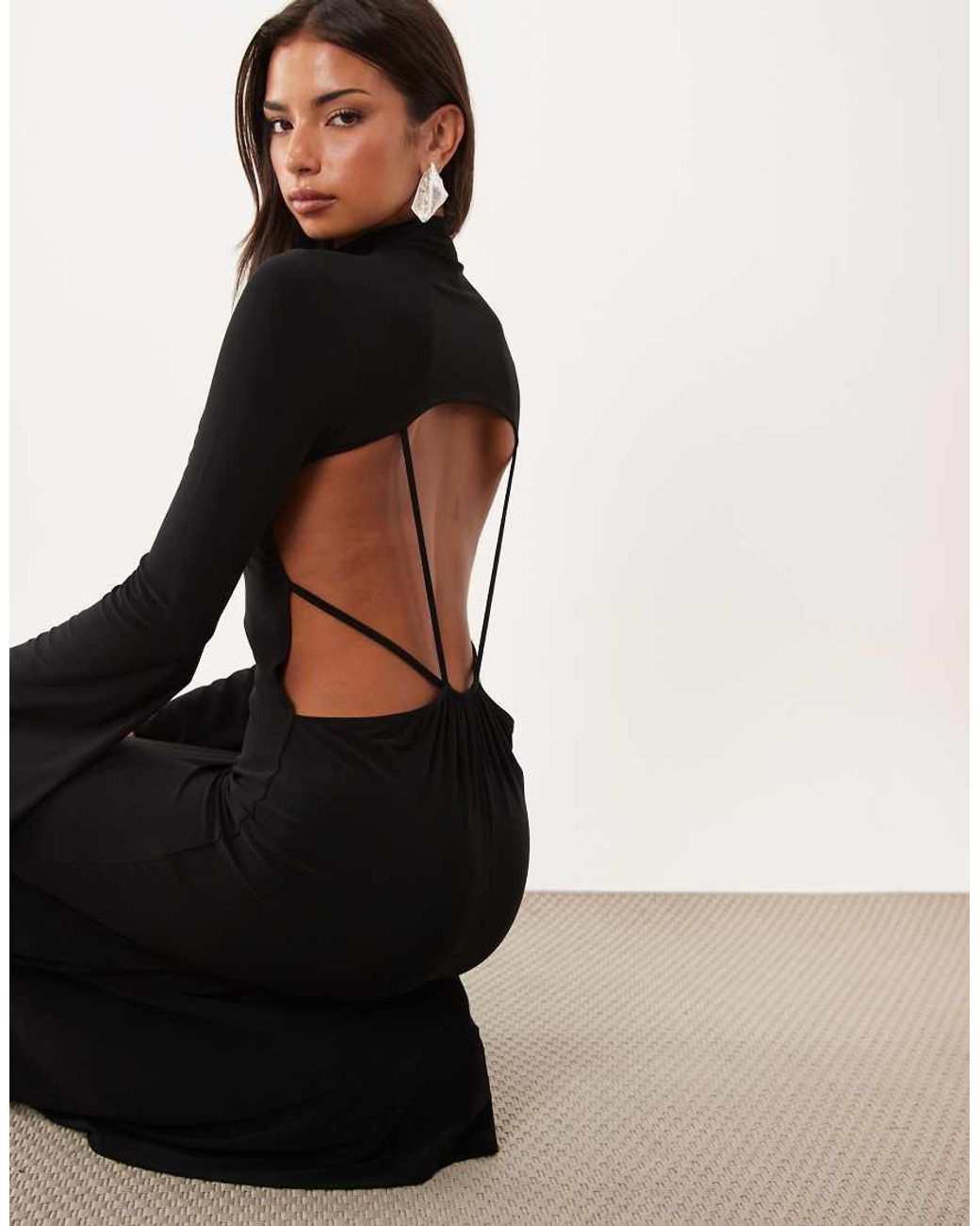 ASOS Black Slinky High Neck Maxi Dress With Flute Sleeve And Draped Open Back Strappy Detail