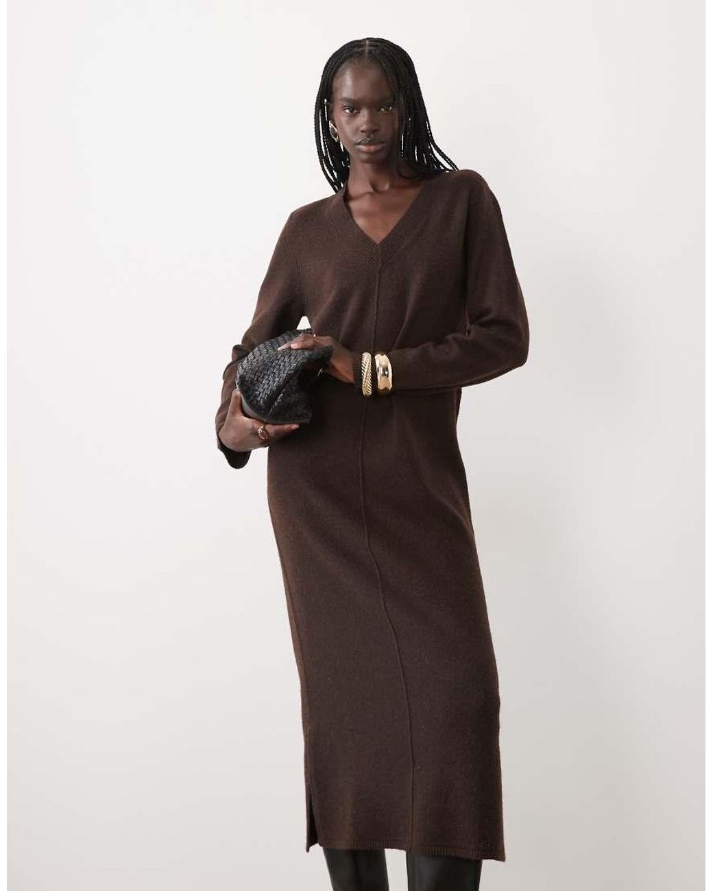 Vila Brown V-neck Knitted Maxi Dress