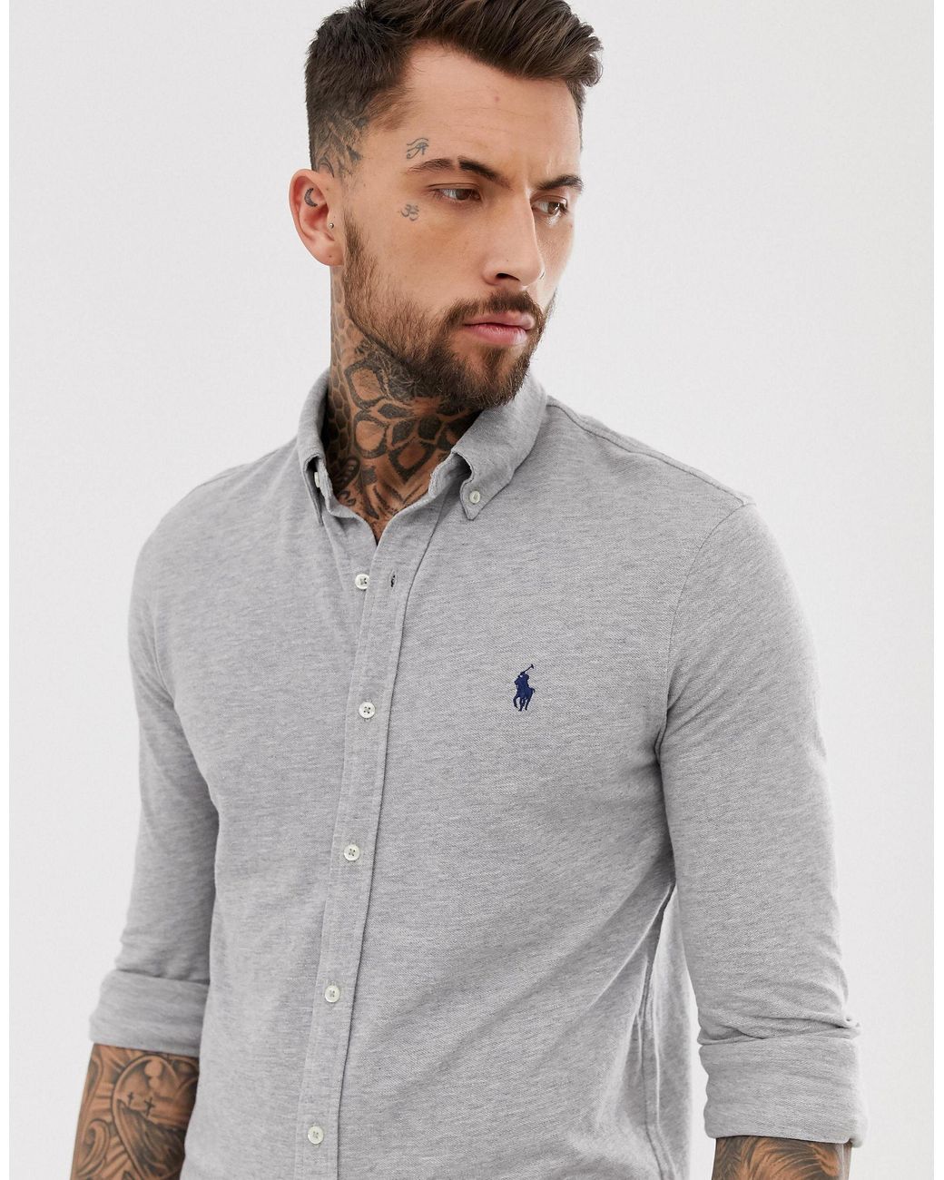 Polo Ralph Lauren Slim Fit Pique Shirt Player Logo Button Down in Grey for  Men | Lyst UK