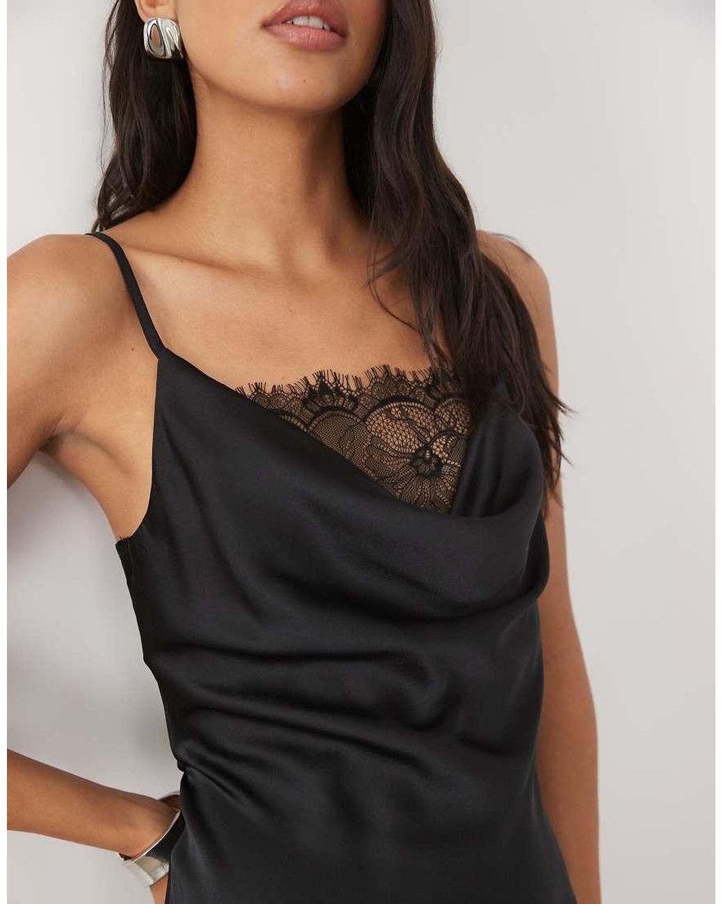 New Look Black Lace Insert Satin Cowl Neck Midi Dress