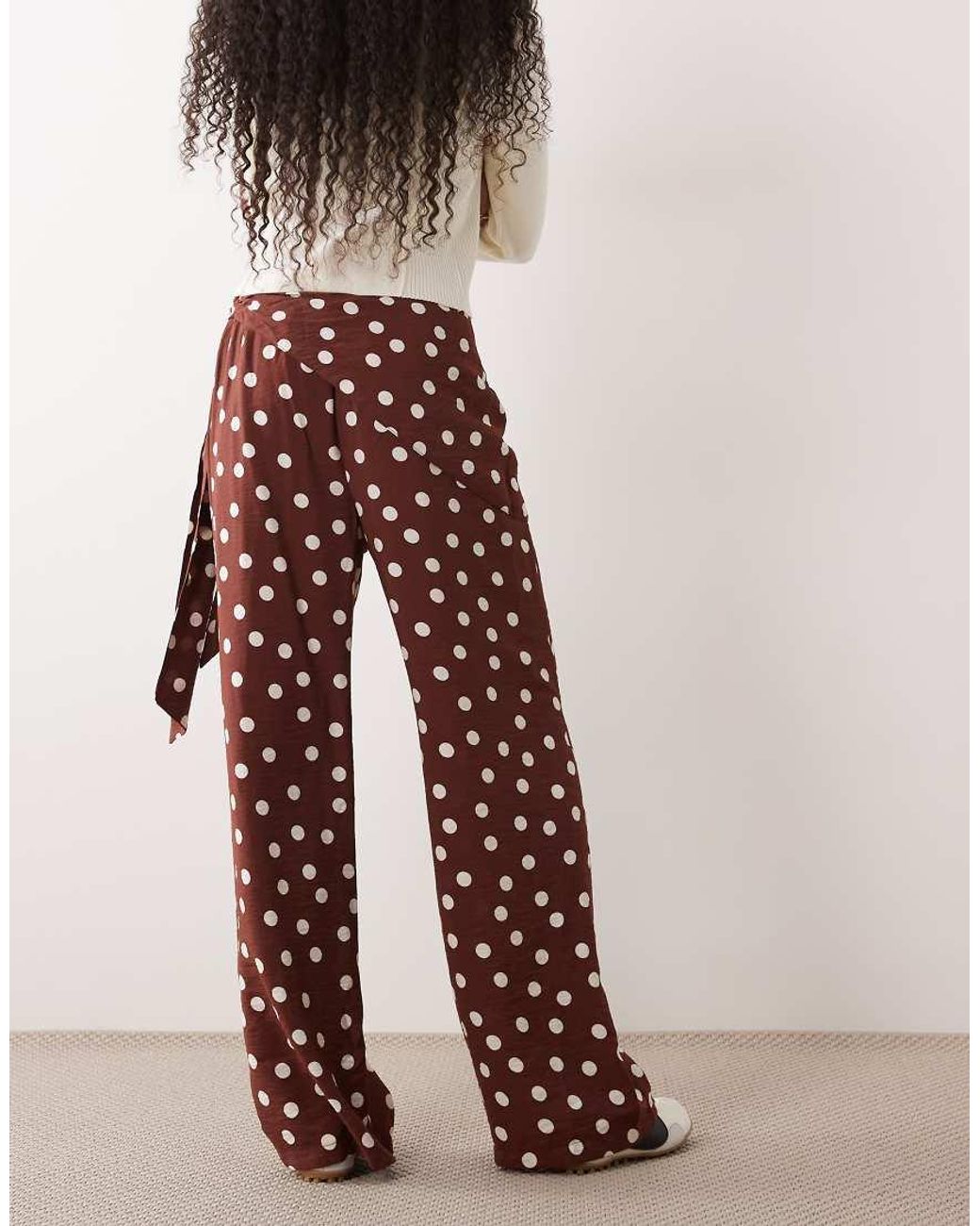 New Look Brown Polka Dot Tie Waist Wide Leg Trousers