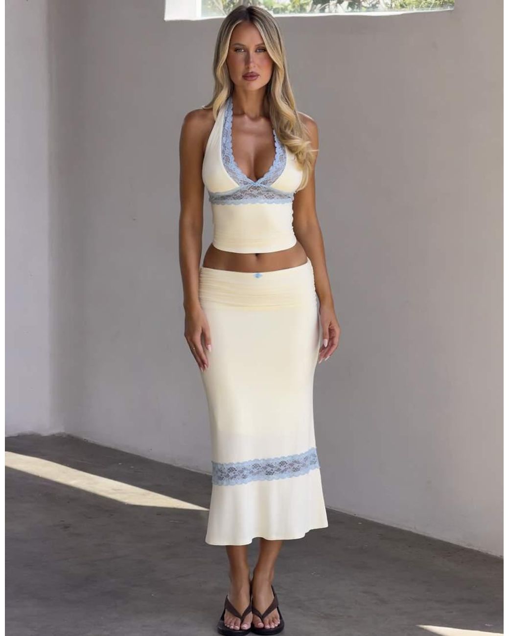 Tiger Mist Gray Calina Butter Touch Slinky Contrast Lace Trim Maxi Skirt