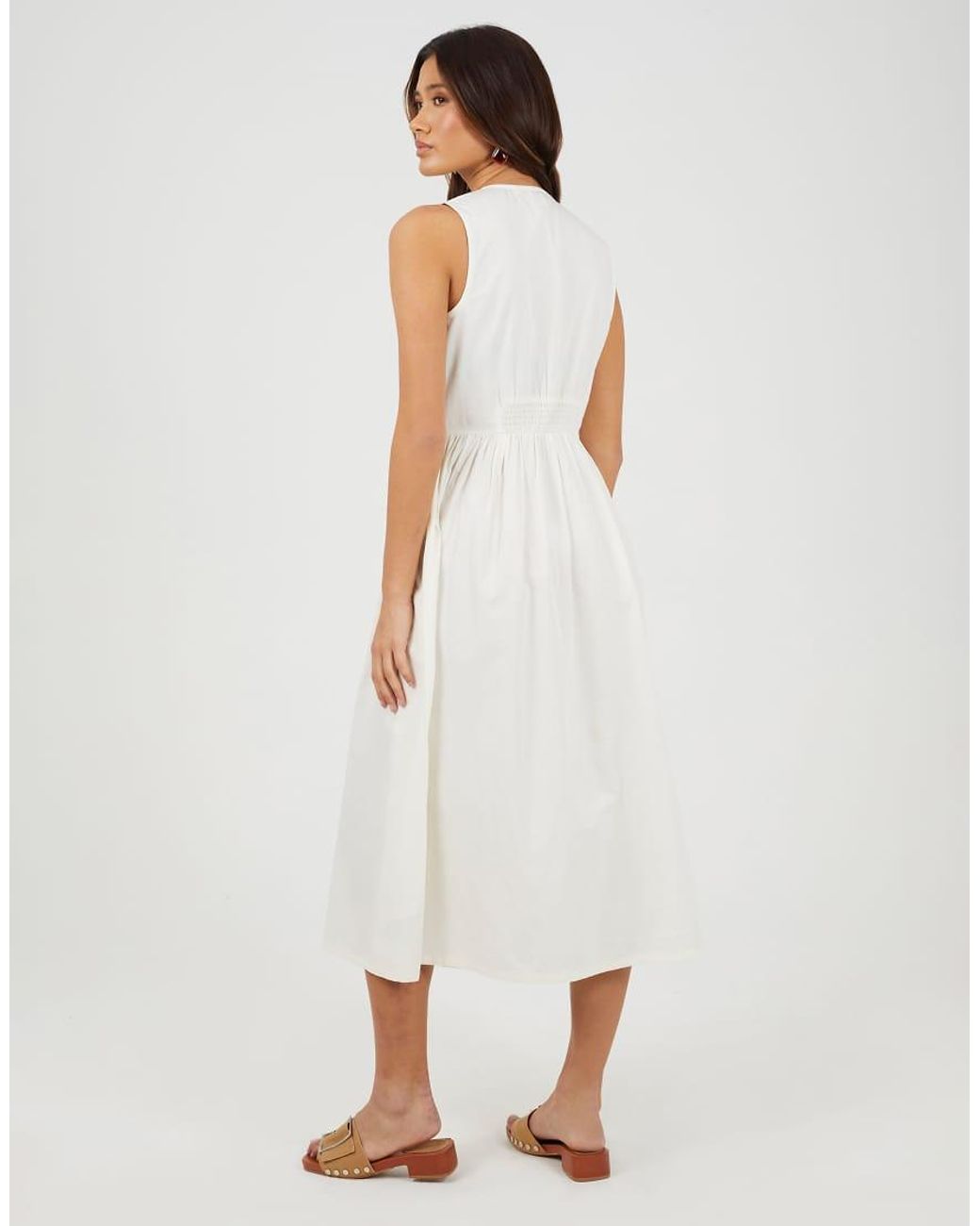 Brave Soul White Sleeveless V-Neck Button Down Midi Dress