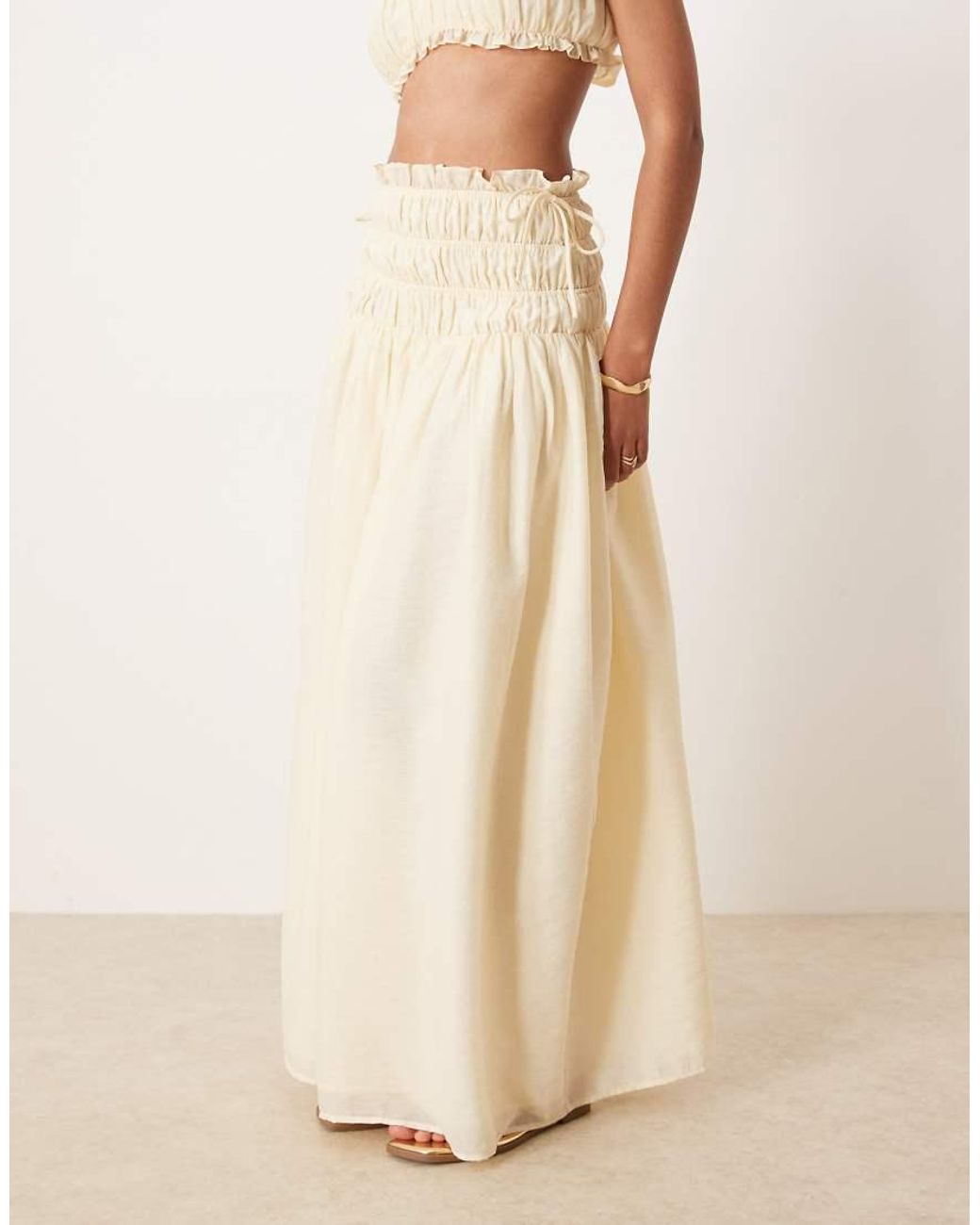 Wanderdoll Natural Soulie Linen Look Shirred Dropped Waist Tie Detail Maxi Skirt Co-ord