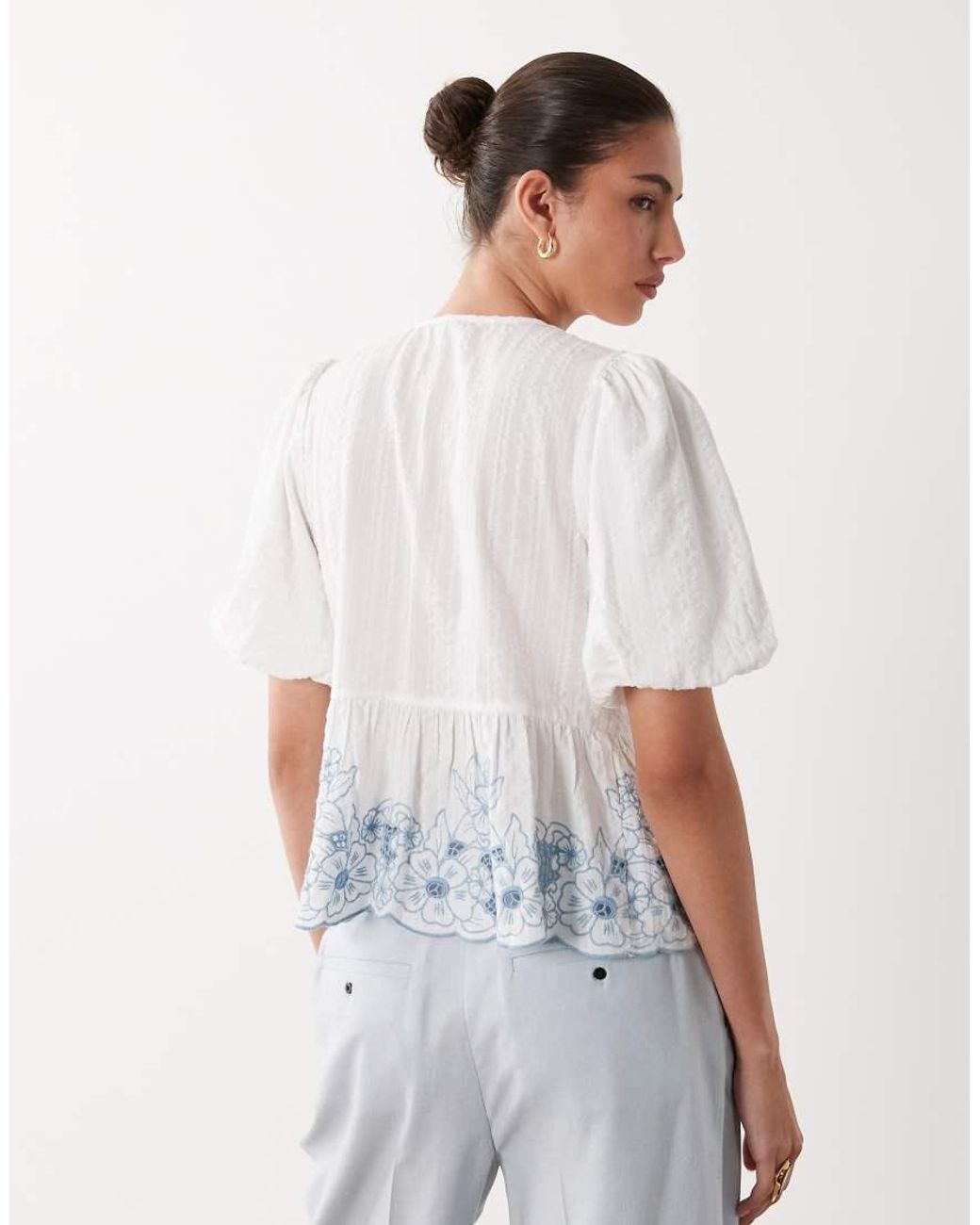 Nobody's Child White Aries Cotton Puff Sleeve Tie Detail Contrast Embroidered Top