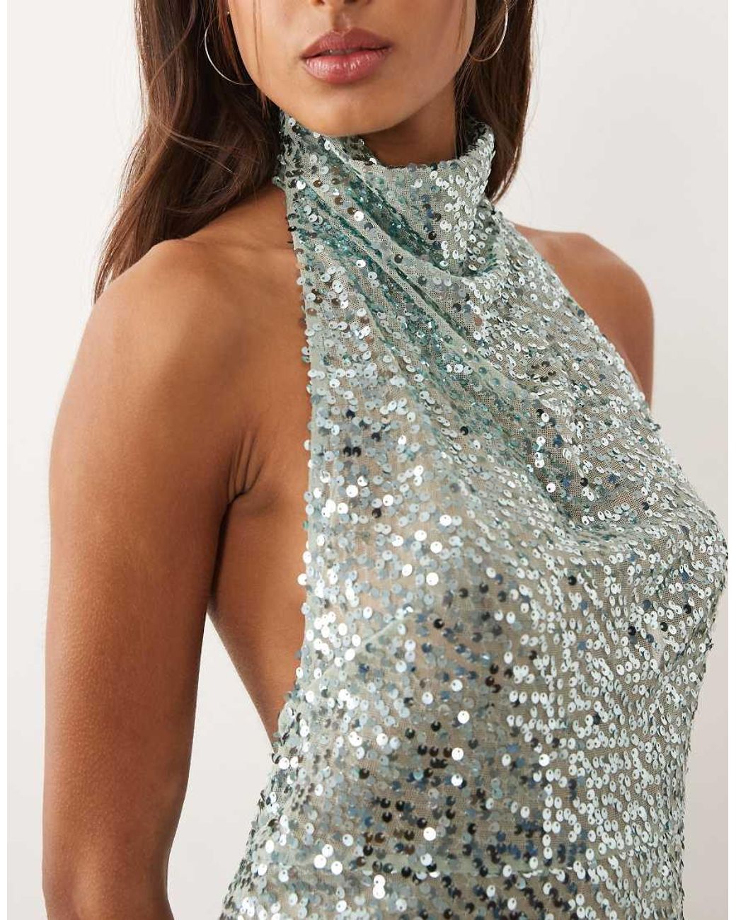 ASOS Natural Embellished Sheer Scatter Sequin Halter Mini Dress
