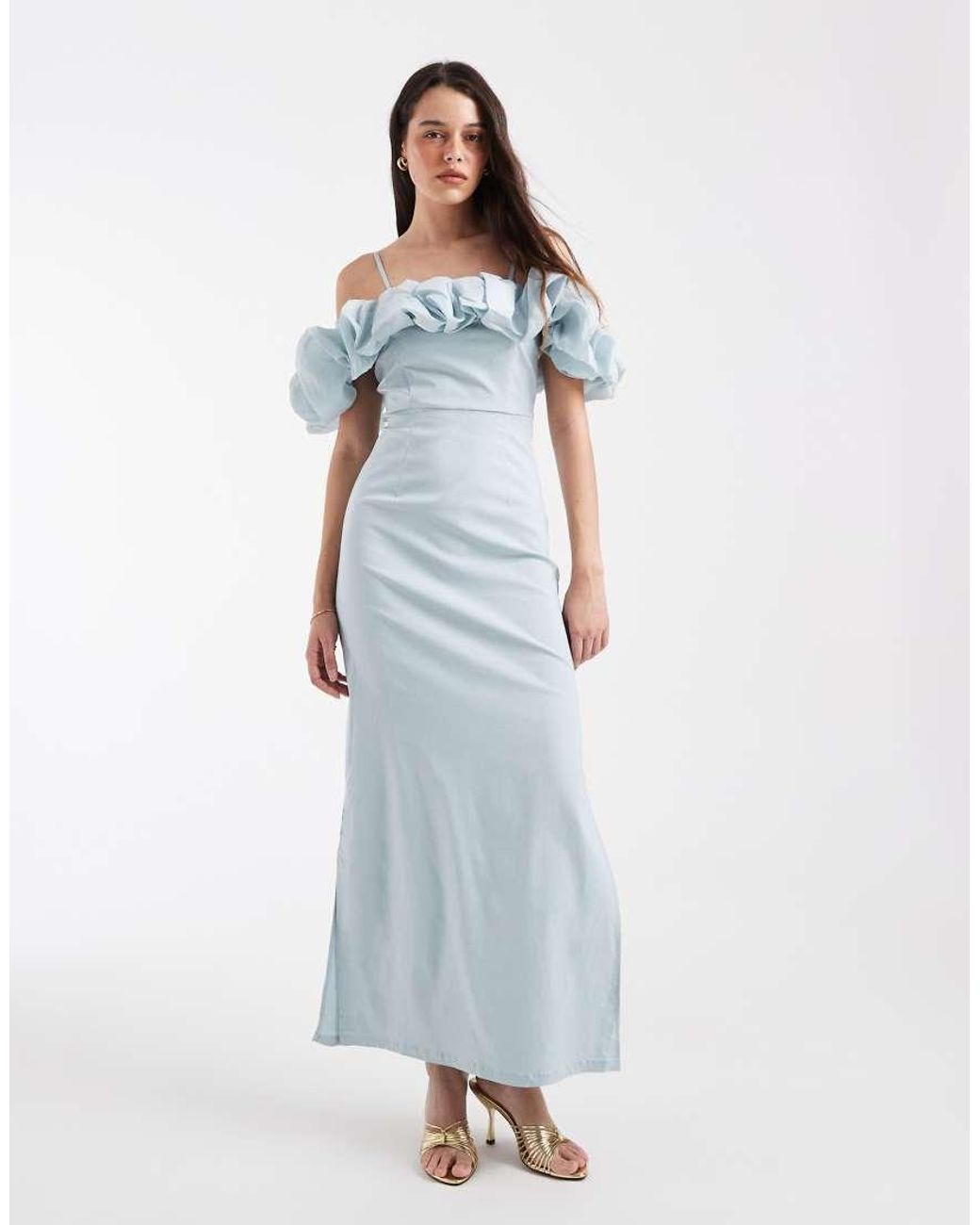 Object Blue Extreme Off The Shoulder Satin Ruffle Trim Maxi Dress