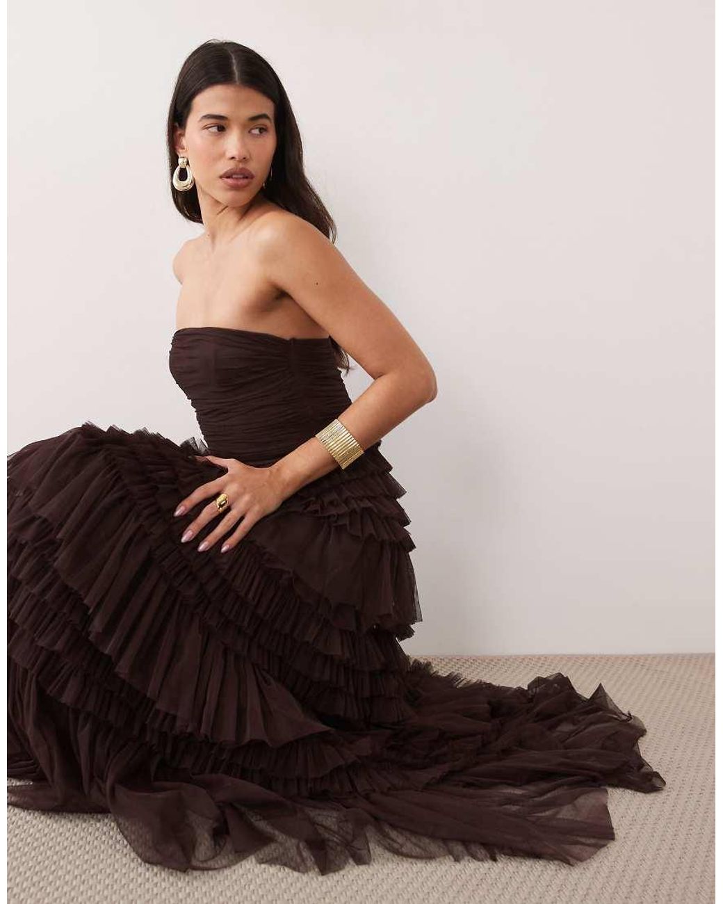 LACE & BEADS Multicolor Tulle Bandeau Tiered Ruffle Maxi Dress