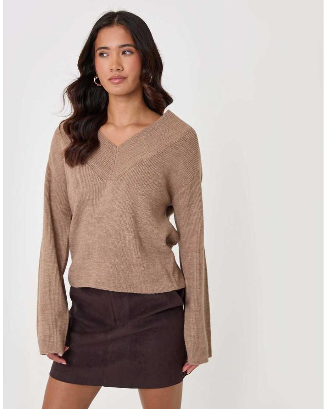 Threadbare Natural Deep Rib V-Neck Jumper