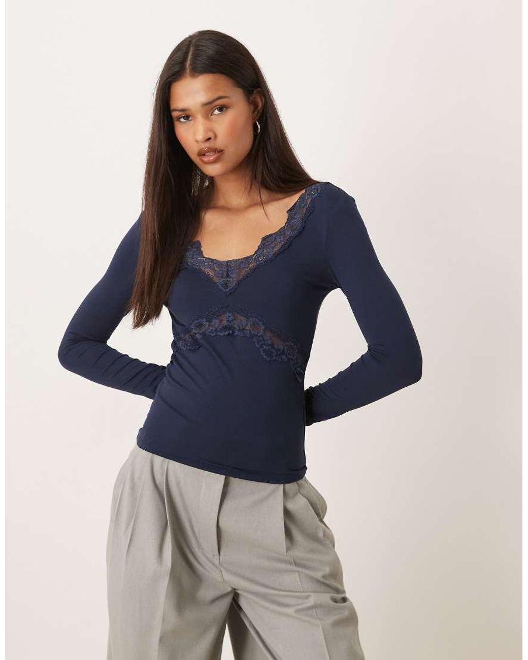 Gina Tricot Blue V Neck Lace Detail Long Sleeve Slim Fit Top