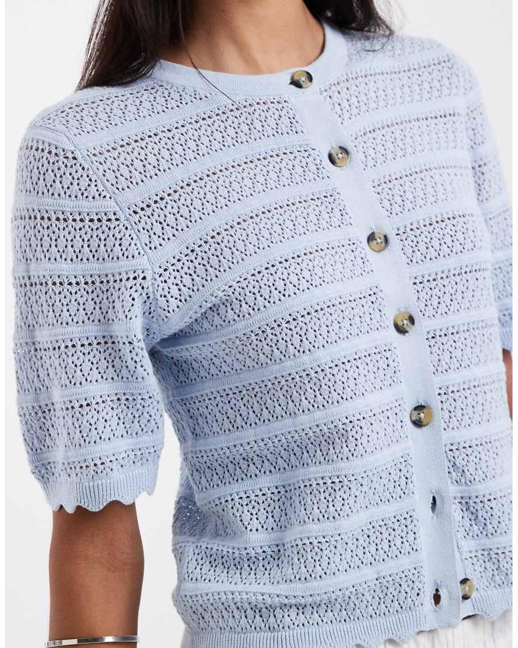 Brave Soul Blue Crochet Knit Short Sleeve Cardigan With Scallop Detail