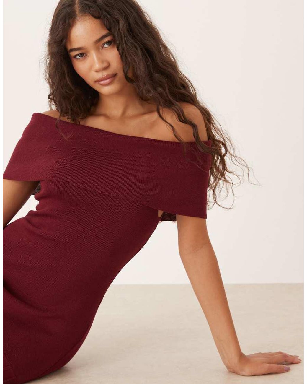 Pretty Lavish Red Off The Shoulder Knitted Maxi Dress With Pleated Skirt