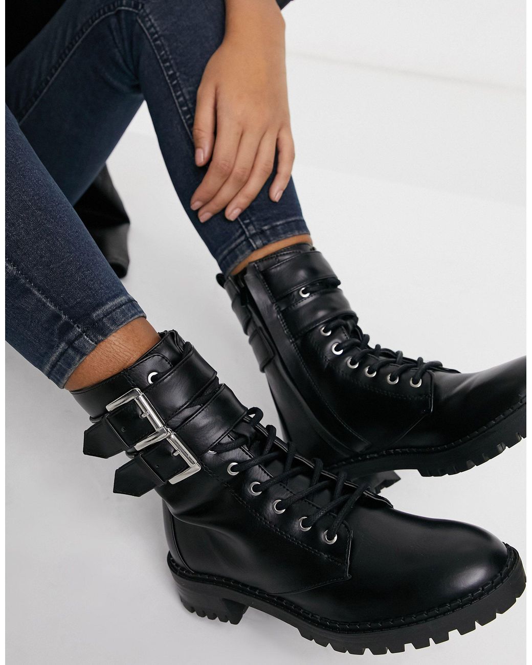 Bershka Biker Boots With Buckle Detail in Black | Lyst Australia