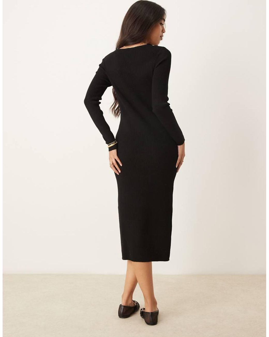 Vila Ribbed Knit Long Sleeve Midi Dress in Black | Lyst UK
